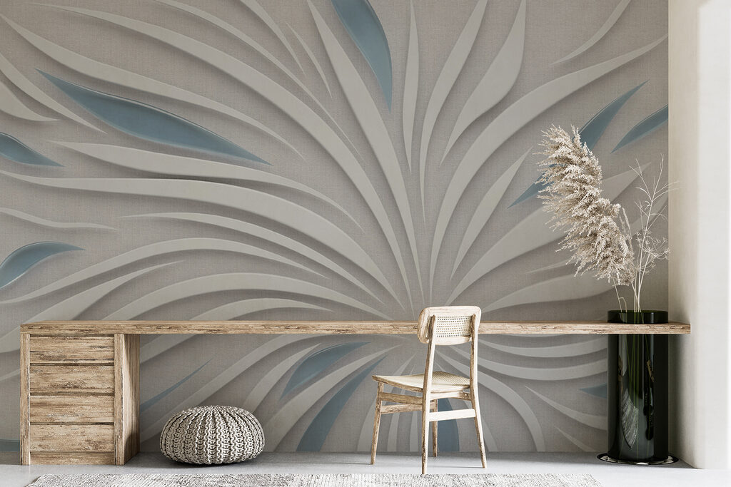 White and blue design on a grey surface