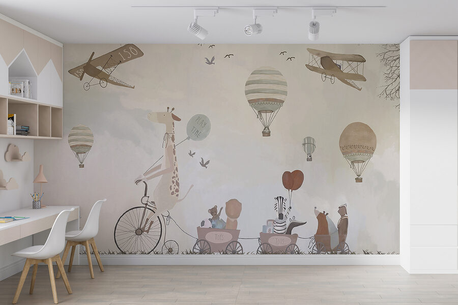 Mural of animals riding a train