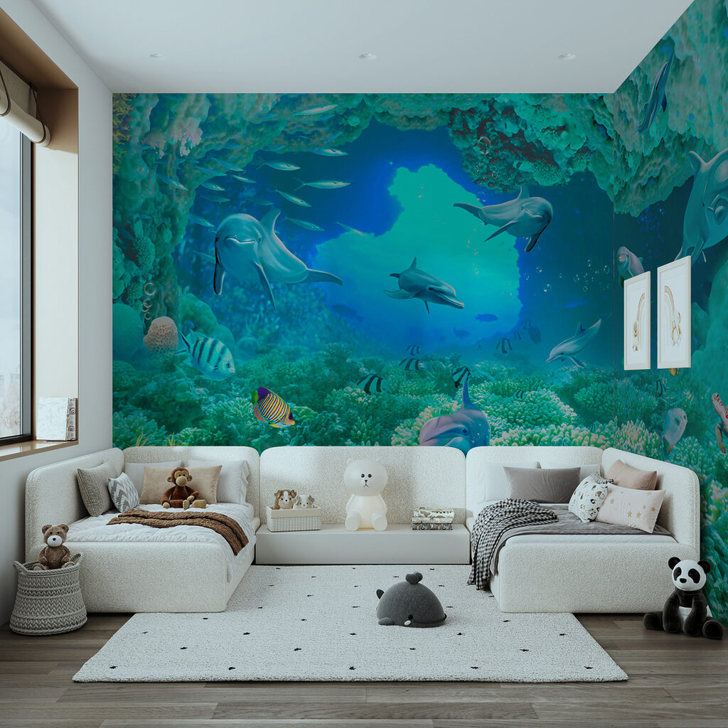 Group of dolphins and fish under water