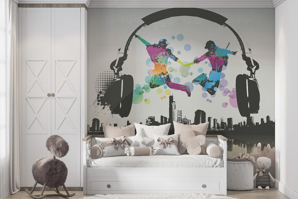 Couple of people jumping in the air with headphones