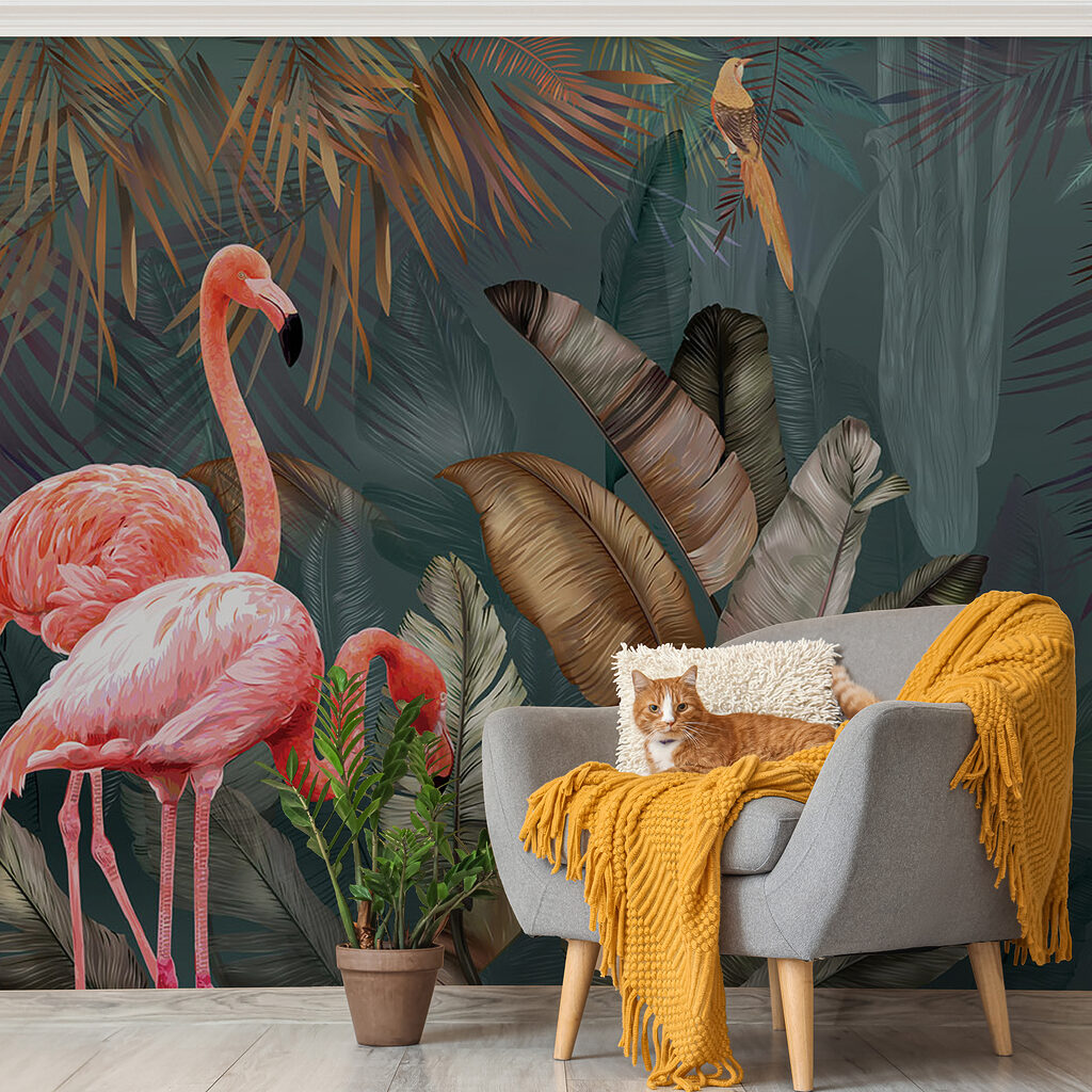 Pink flamingos and a bird in a forest