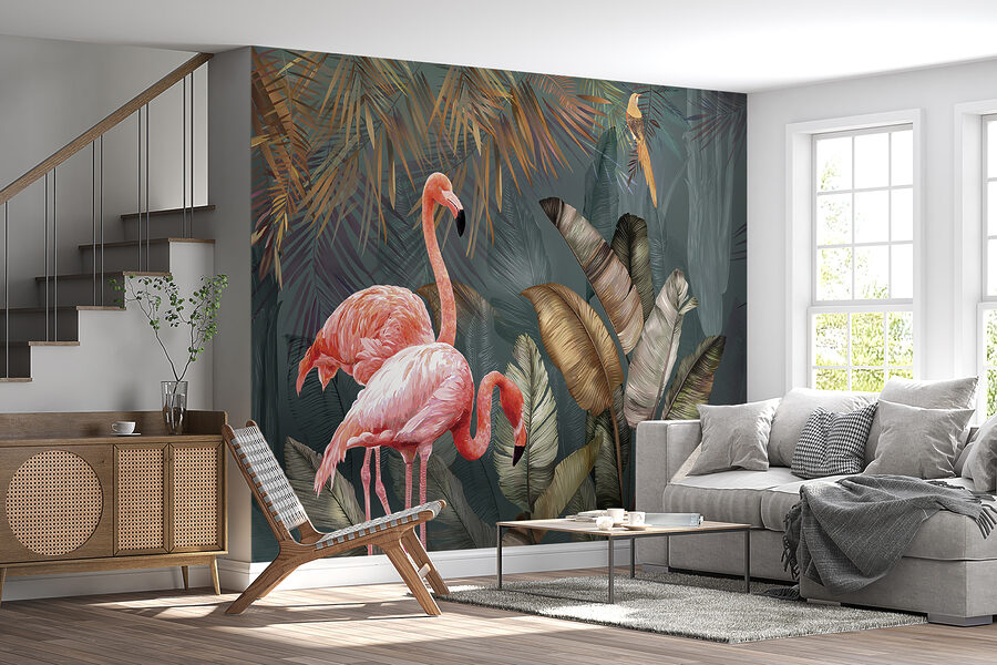 Pink flamingos and a bird in a forest Pink flamingos and a bird in a forest