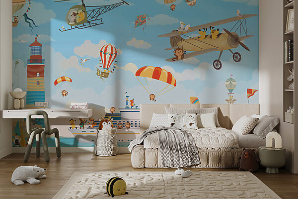 Cartoon animals flying over a boat Cartoon animals flying over a boat