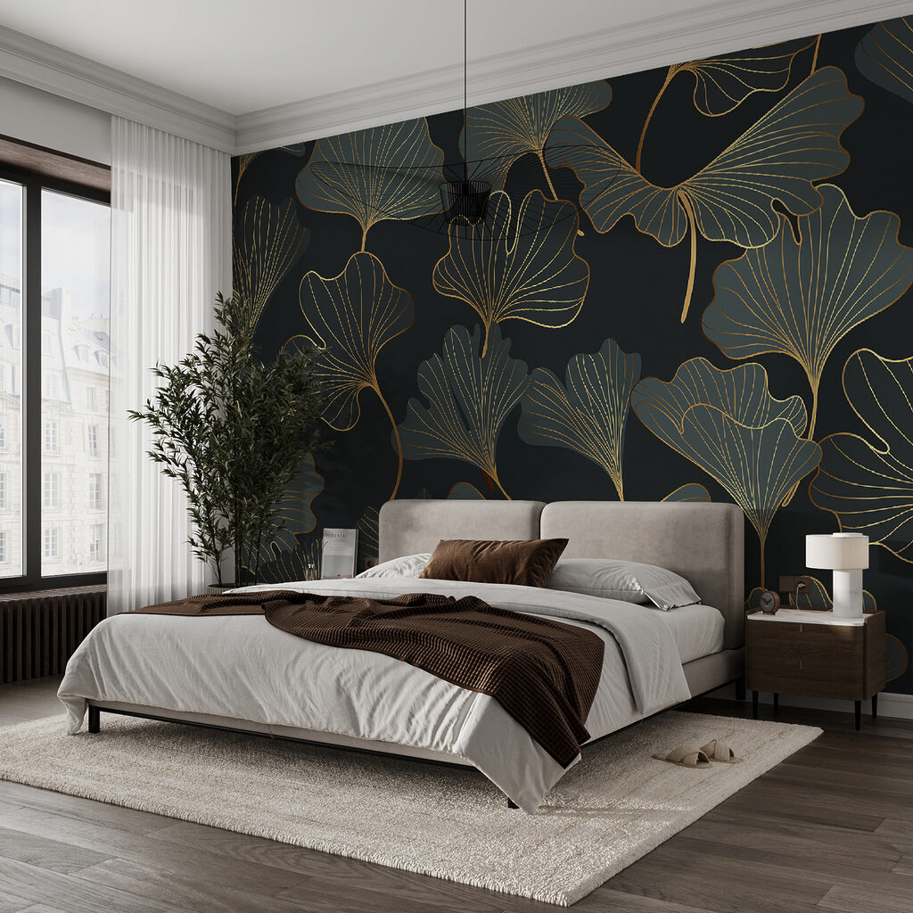 Pattern of leaves on a black background