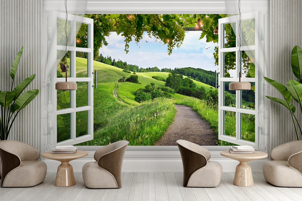 Window with open doors and a path through a grassy field