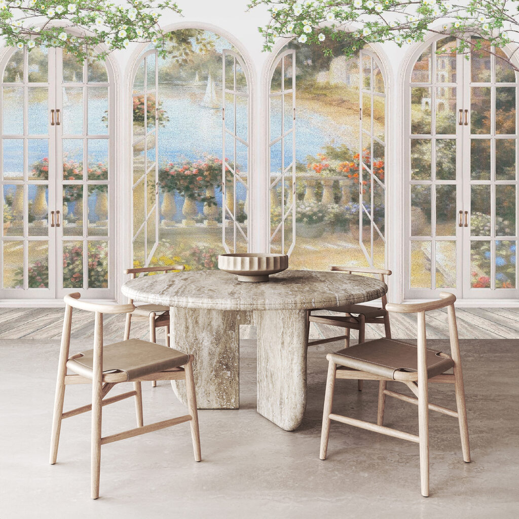 Wall mural of a garden with a view of a balcony