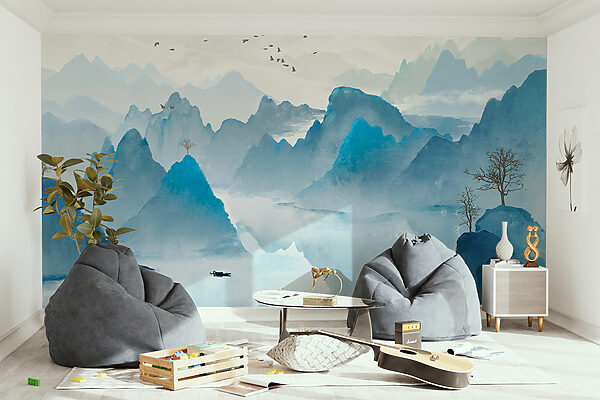 Watercolor painting of mountains and birds