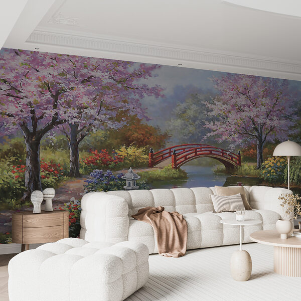 Painting of a pond with a bridge and flowers