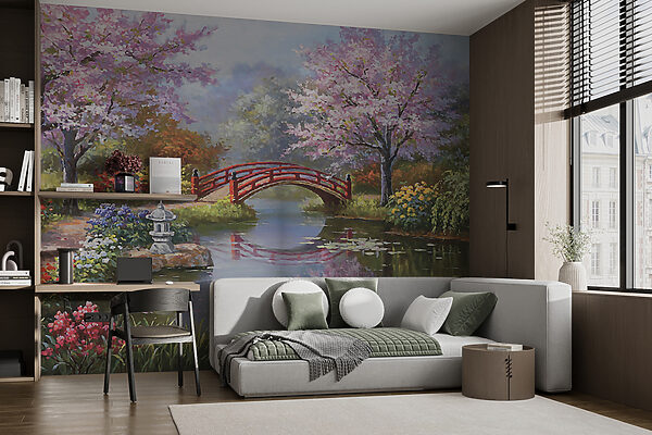 Painting of a pond with a bridge and flowers