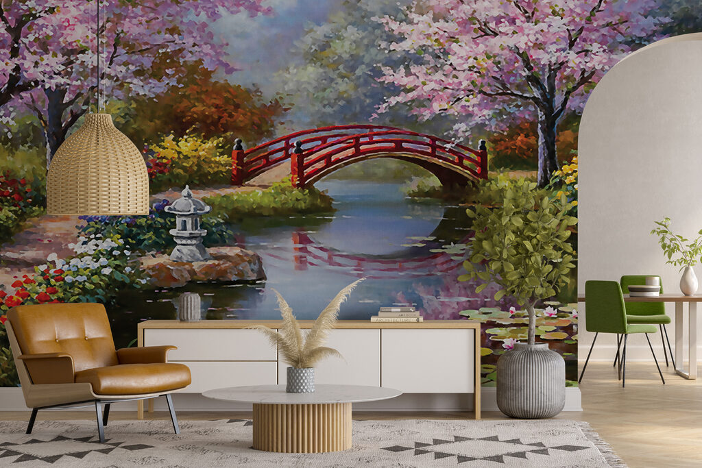 Painting of a pond with a bridge and flowers