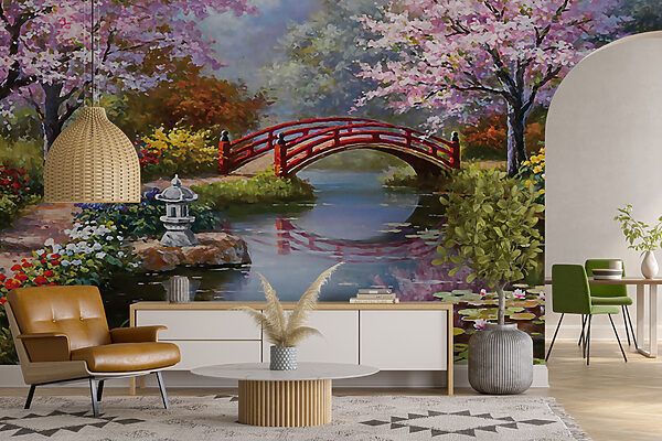 Painting of a pond with a bridge and flowers