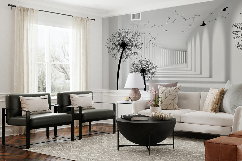 White room with trees and birds flying