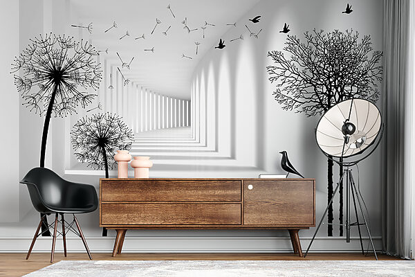 White room with trees and birds flying White room with trees and birds flying