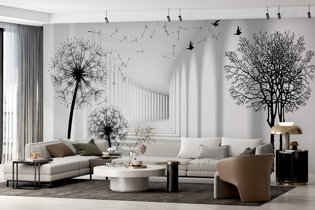 White room with trees and birds flying