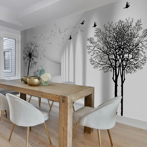 White room with trees and birds flying White room with trees and birds flying