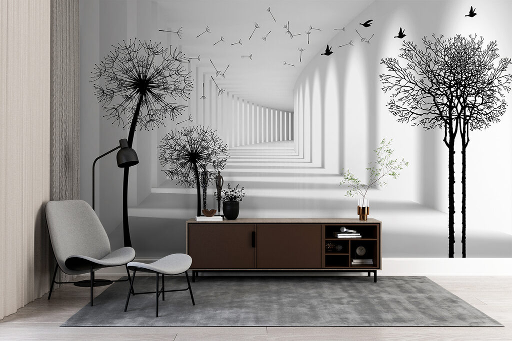 White room with trees and birds flying