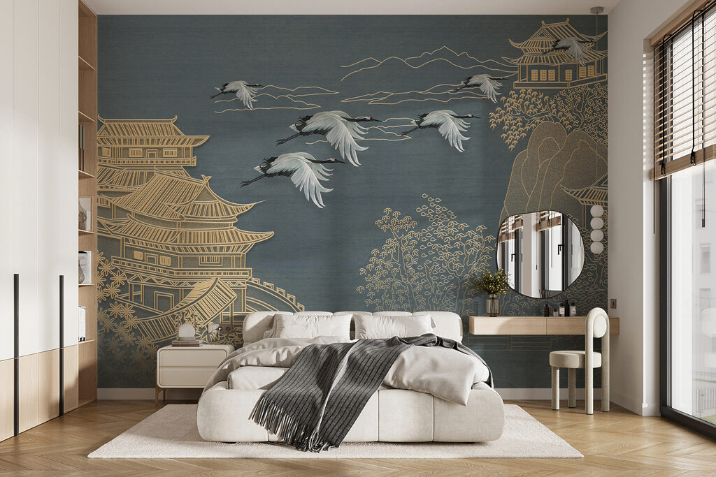 Painting of a landscape with cranes flying over a building