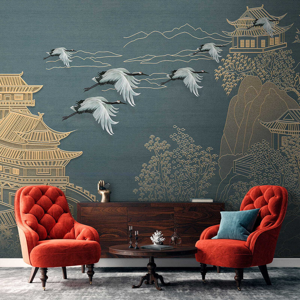 Painting of a landscape with cranes flying over a building