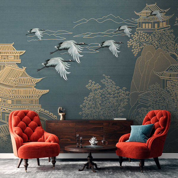 Painting of a landscape with cranes flying over a building