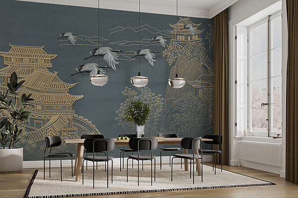 Painting of a landscape with cranes flying over a building