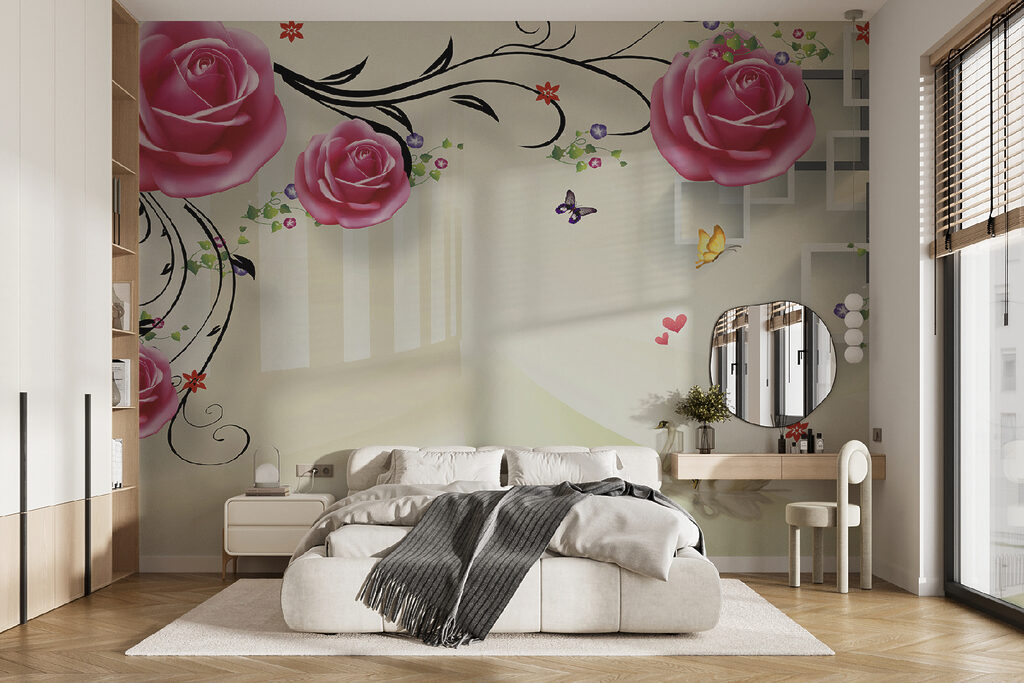 Wallpaper with roses and birds