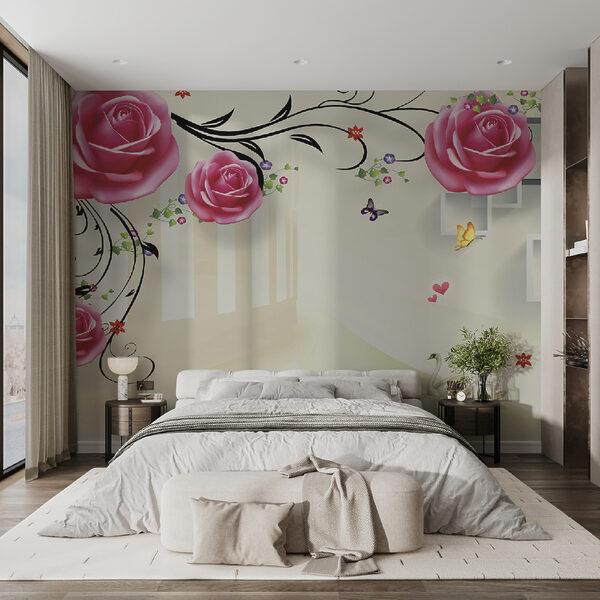 Wallpaper with roses and birds