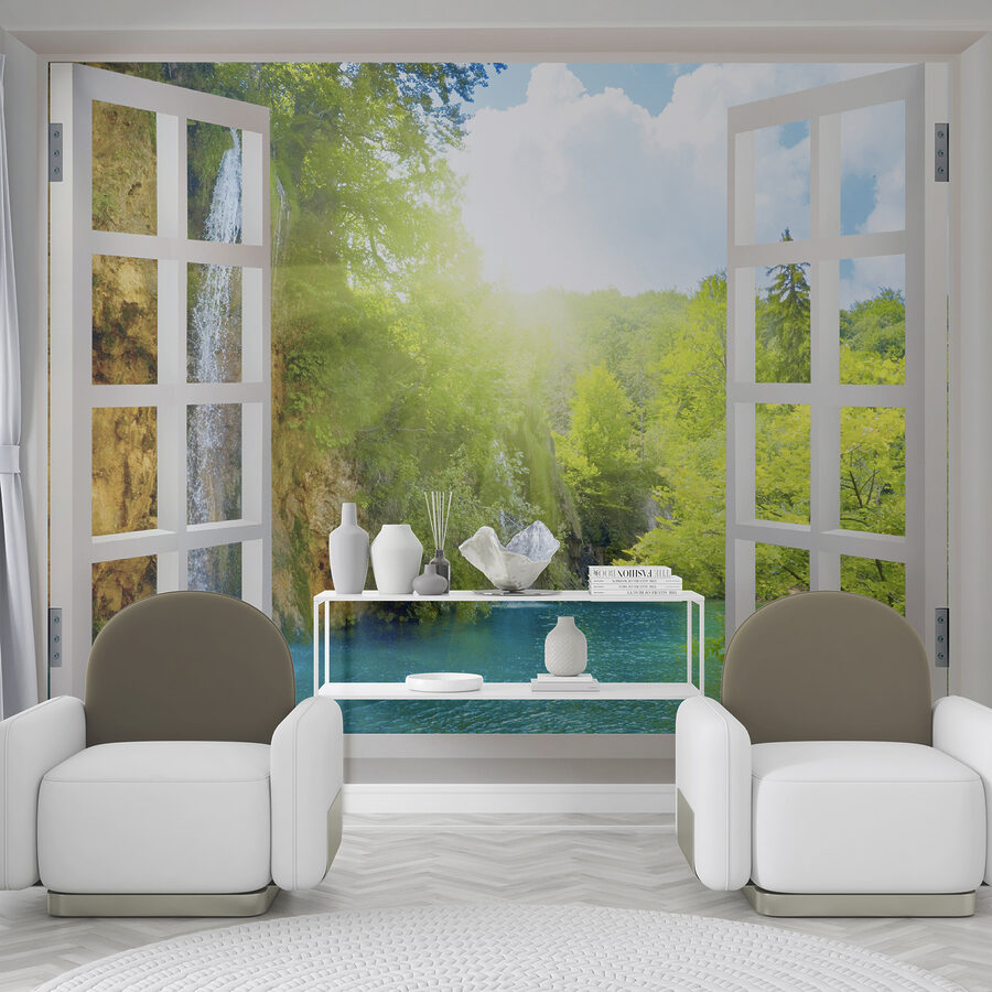 Window with a waterfall and trees
