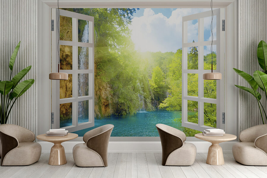 Window with a waterfall and trees