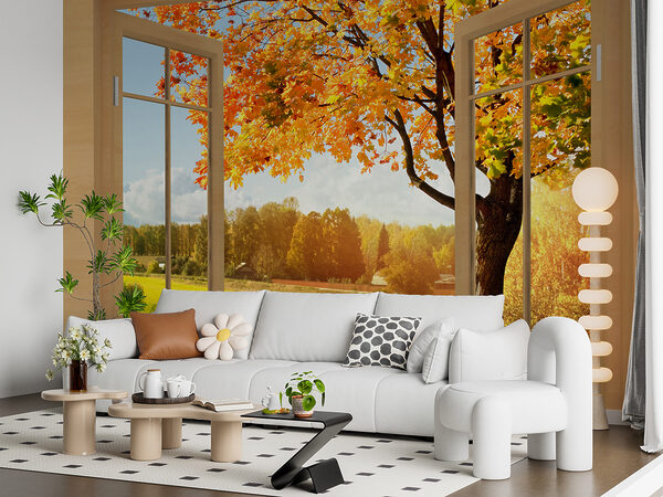 Window with trees and a river Window with trees and a river