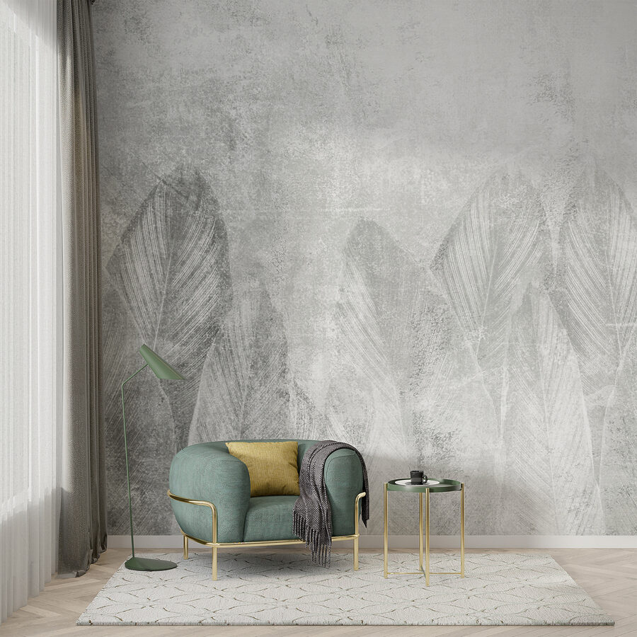 Wall murals White and grey background with leaves - Image 6