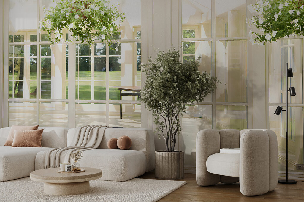 White patio door with glass windows and a potted plant from it White patio door with glass windows and a potted plant from it