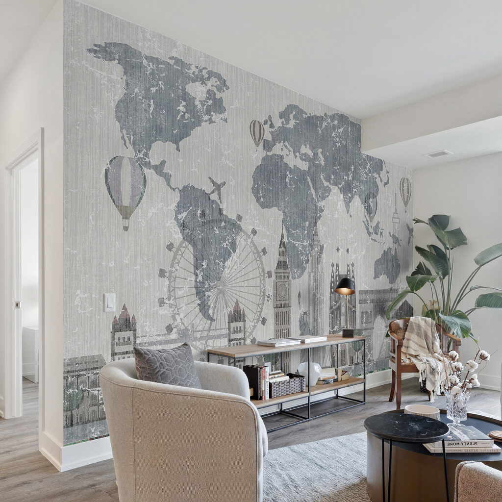 Map of the world with buildings and a ferris wheel