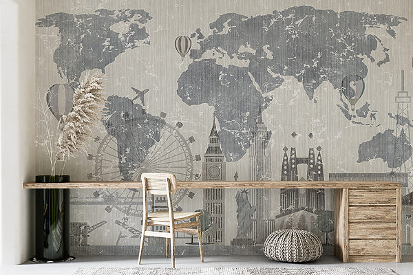 Map of the world with buildings and a ferris wheel