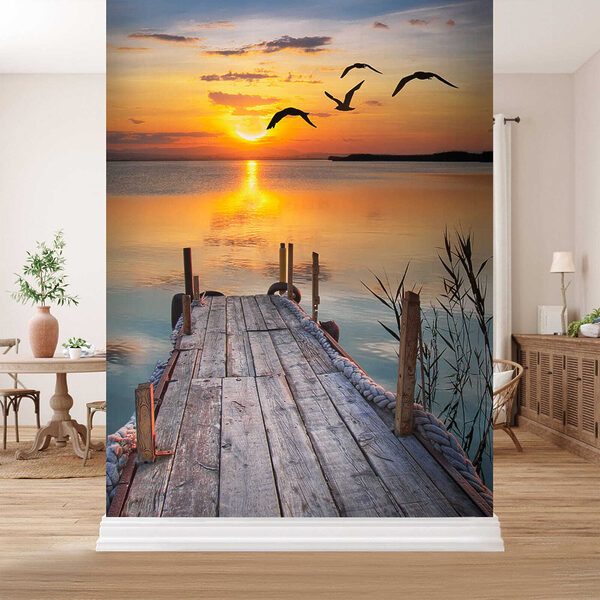Dock with birds flying over water Dock with birds flying over water