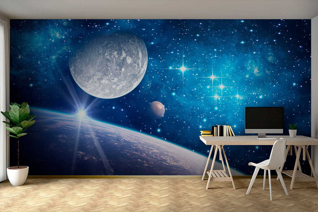 Planet and moon in space