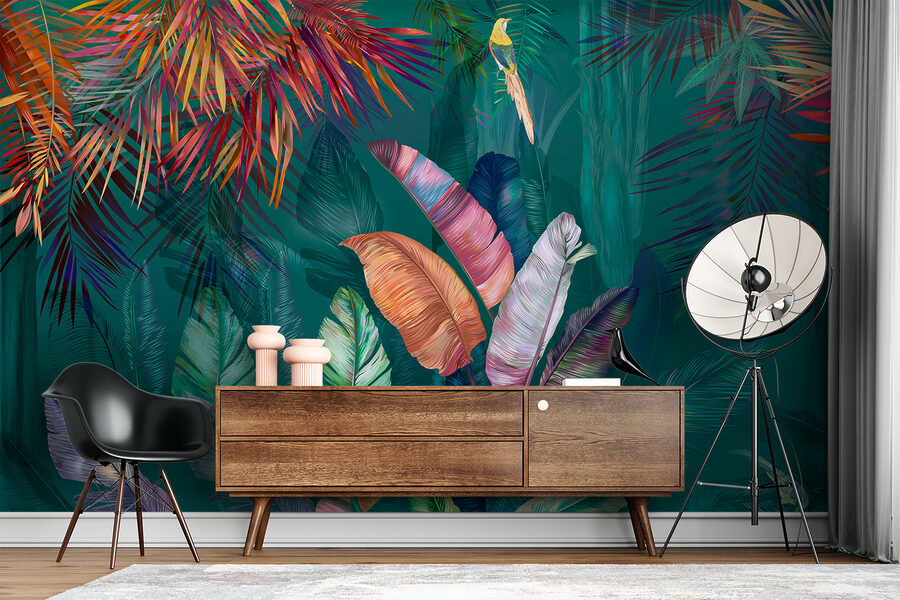 Colorful tropical leaves and birds Colorful tropical leaves and birds