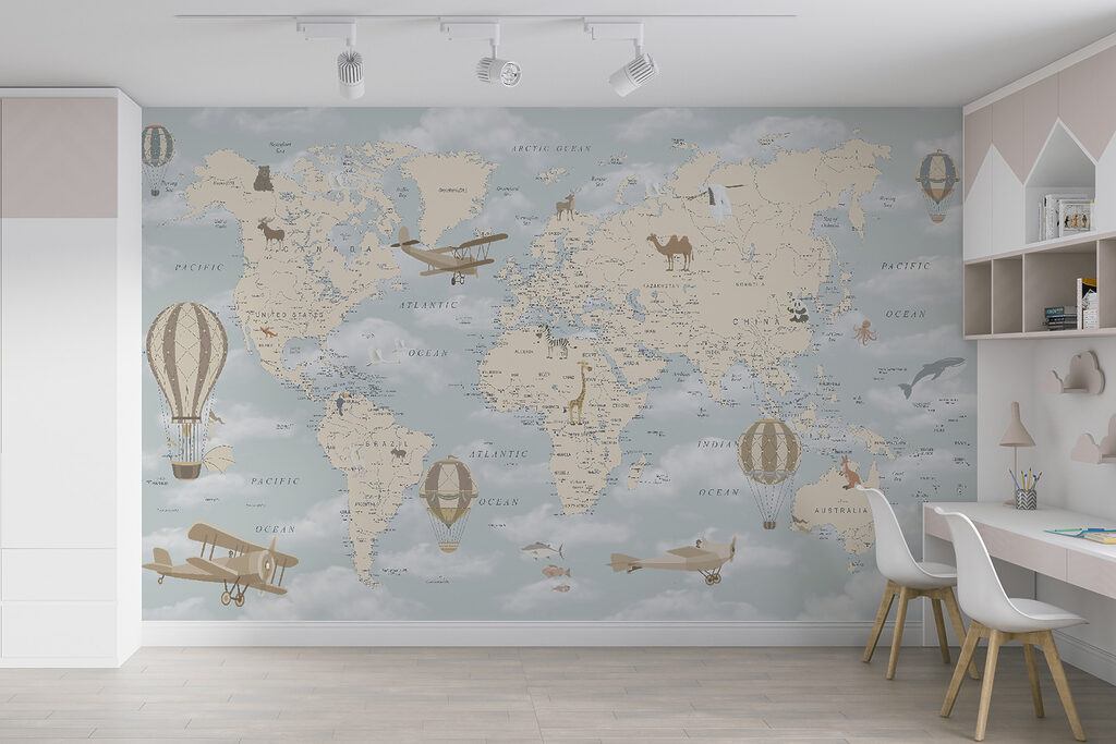 Map of the world with different animals and birds