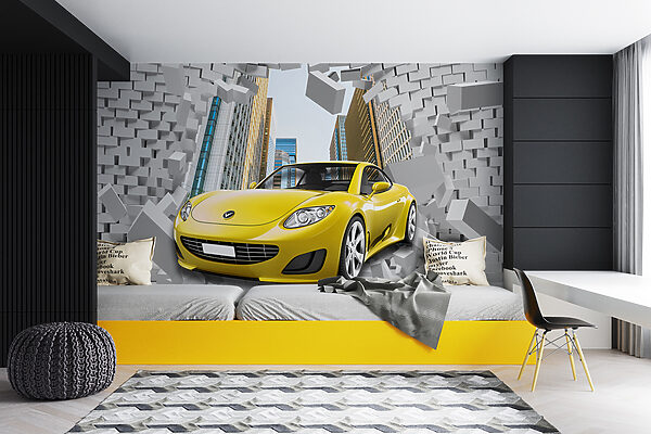 Yellow car in a wall of bricks Yellow car in a wall of bricks