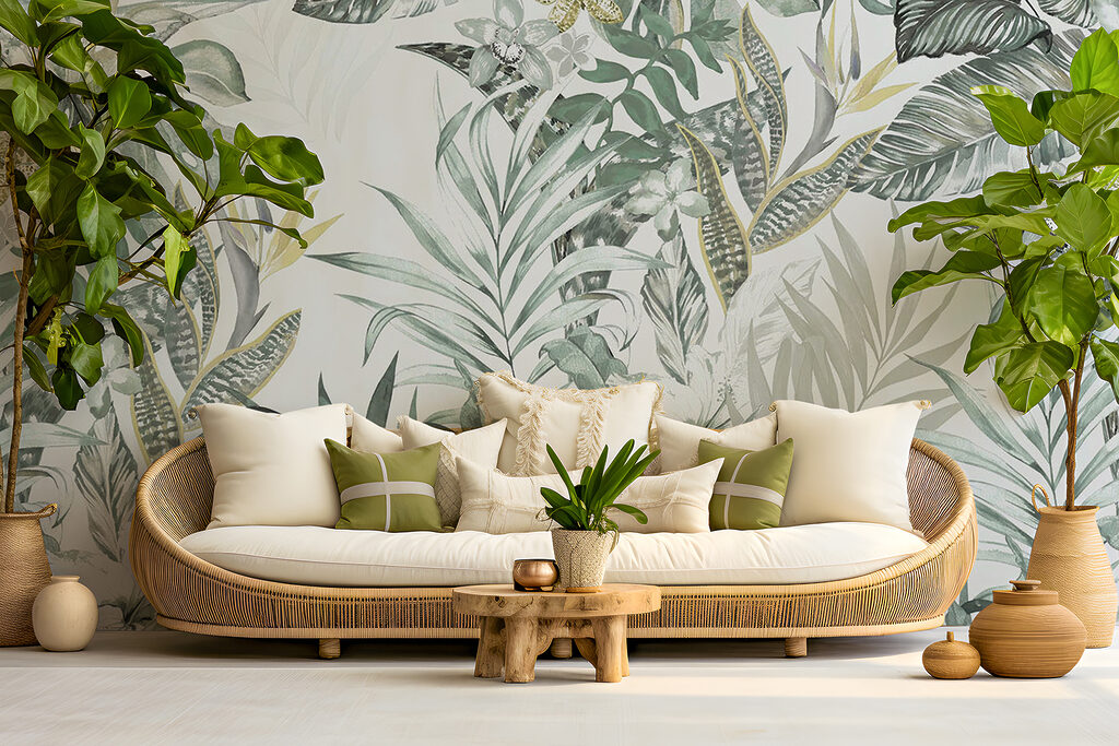 Wallpaper with leaves and flowers