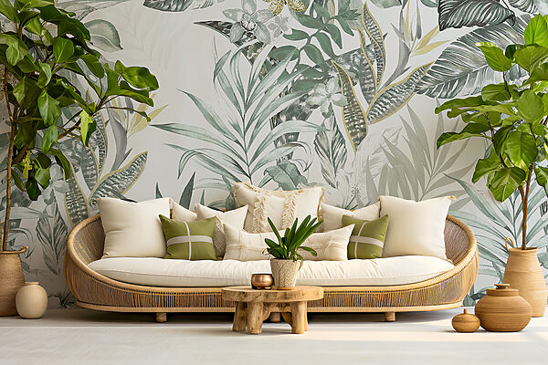 Wallpaper with leaves and flowers