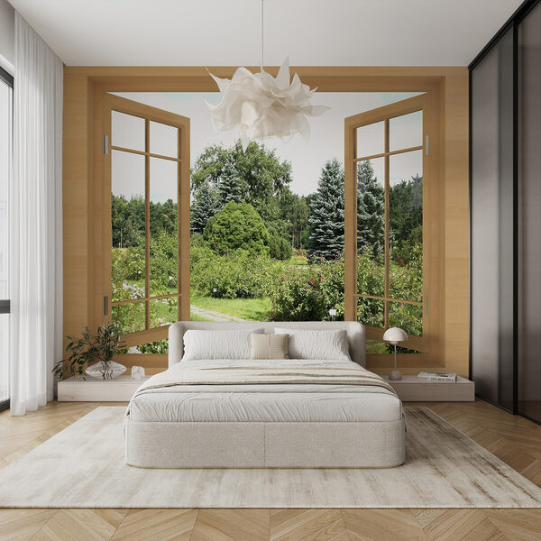 Window with trees and a path through it