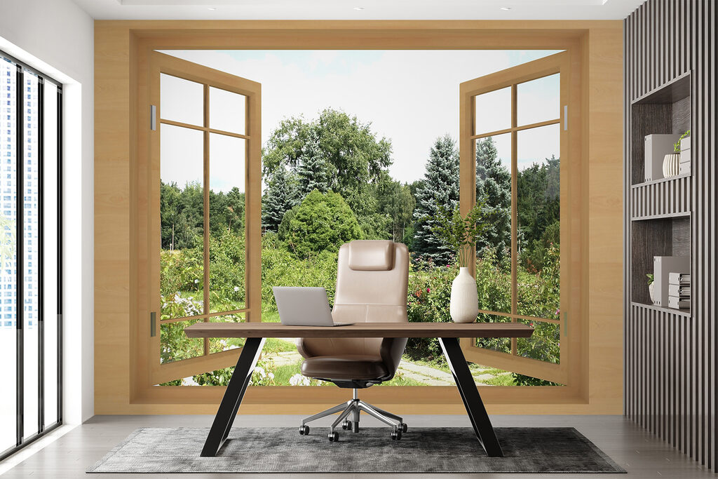 Window with trees and a path through it