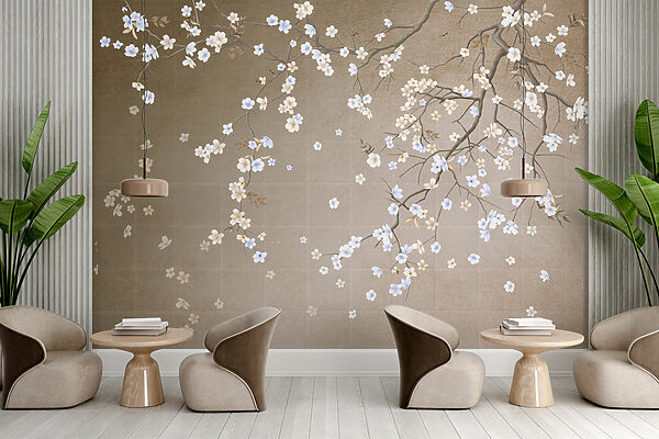 Tree branch with white and blue flowers