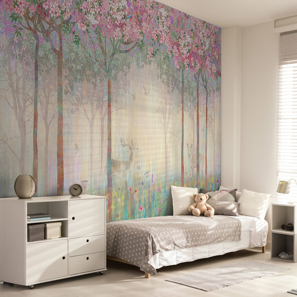 Painting of a forest with trees and flowers Painting of a forest with trees and flowers