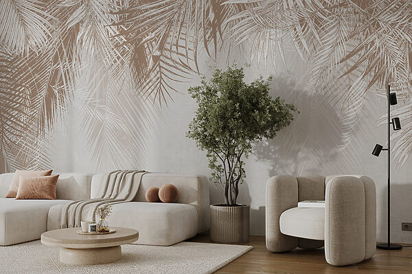 White and brown background with palm leaves