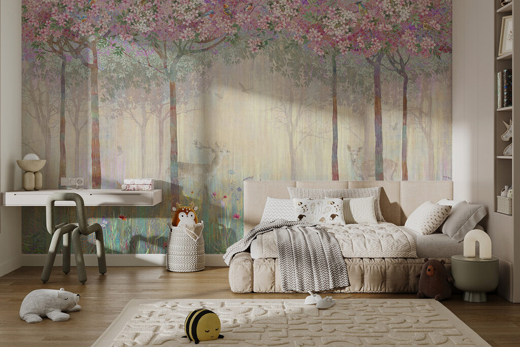 Painting of a forest with trees and flowers Painting of a forest with trees and flowers