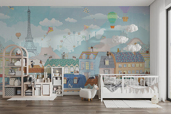 Cartoon city with many buildings and hot air balloons Cartoon city with many buildings and hot air balloons