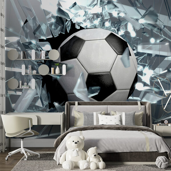 Football ball breaking through glass Football ball breaking through glass