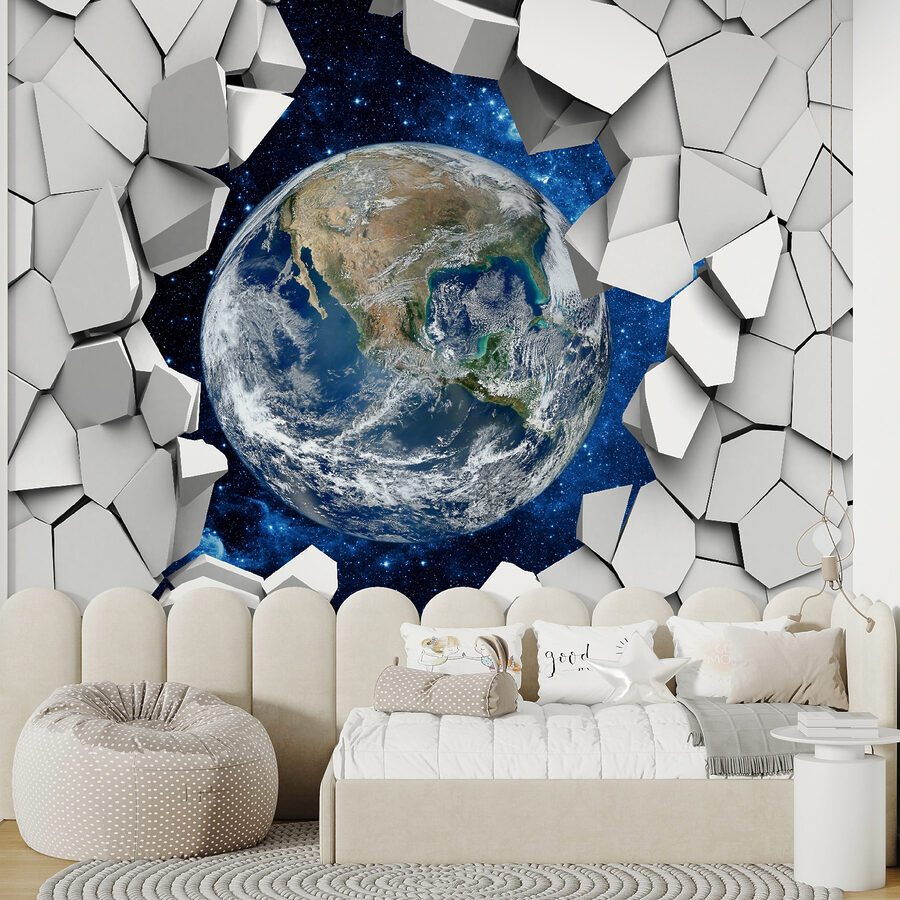 Planet earth breaking through a hole in the wall