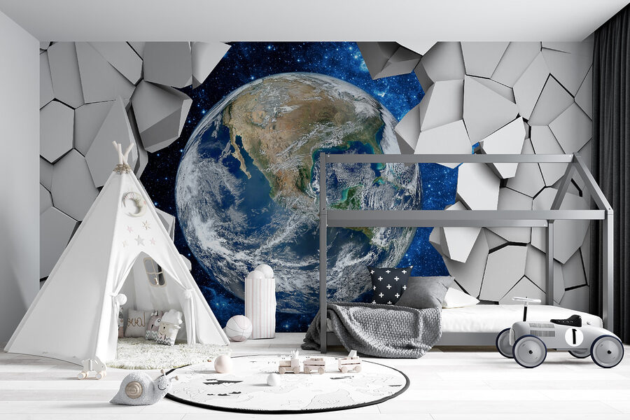 Planet earth breaking through a hole in the wall
